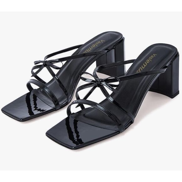 Vaslemuse Women Strappy Heel Bow Sandals Square Open Toe Block Heels Chunky Mid - Picture 1 of 10